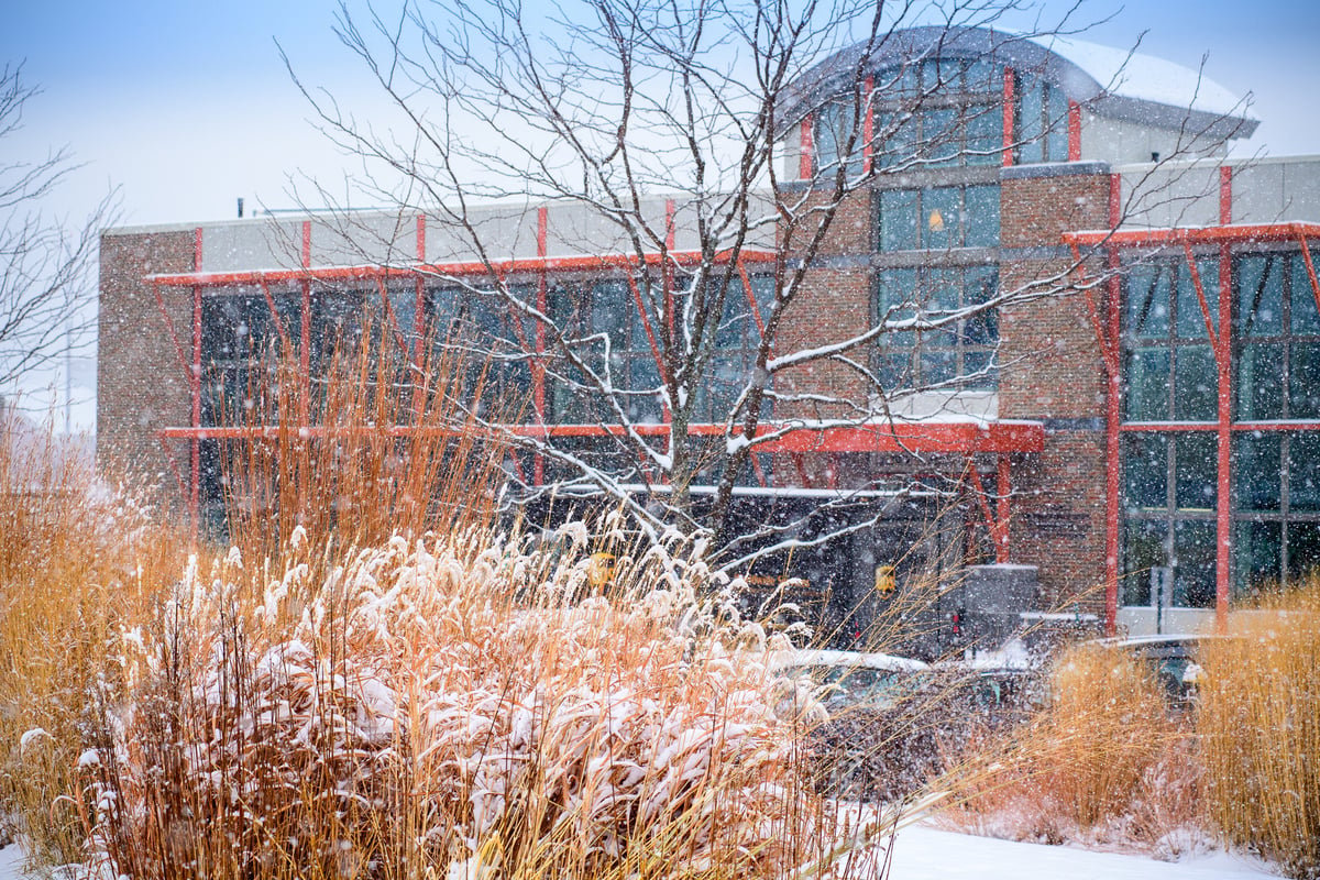 Snow on the Aiken Center on UVM's campus