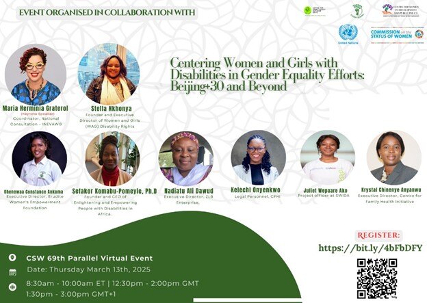 Centering Woman & Girls with Disabilities flyer with speaker photos, date/time, and registration link