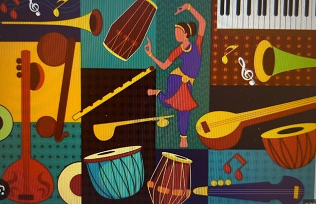 colorful image of many different instruments and a dancer