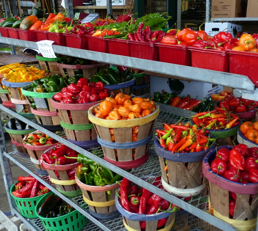 Bushels of vegetables on shelving